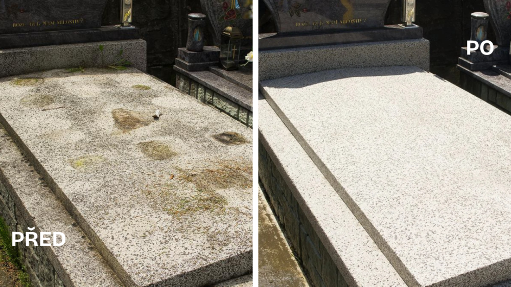 Čištění náhrobku přípravkem Grave Cleaner – před a po použití