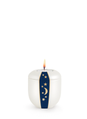 Keramická miniurna D'artiste, bílá, modrý samet, zlatý měsíc a hvězdy, svíčka