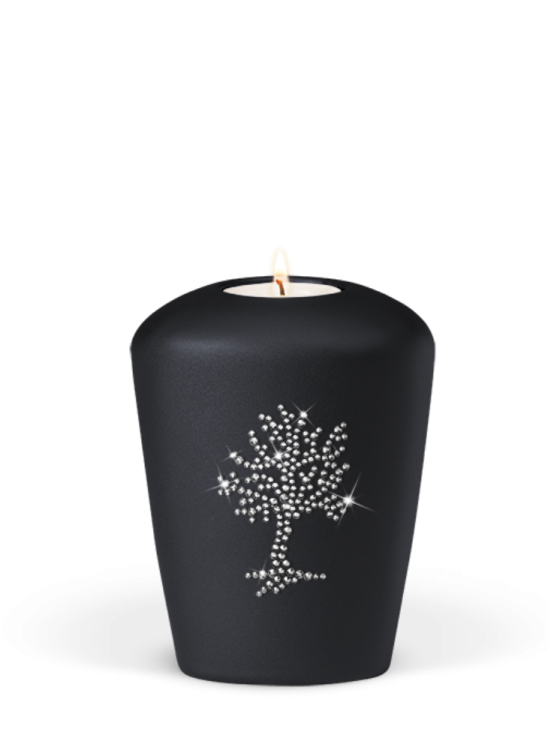 Keramická miniurna Pure, černá, antracitová, strom života, Swarovski, svíčka.