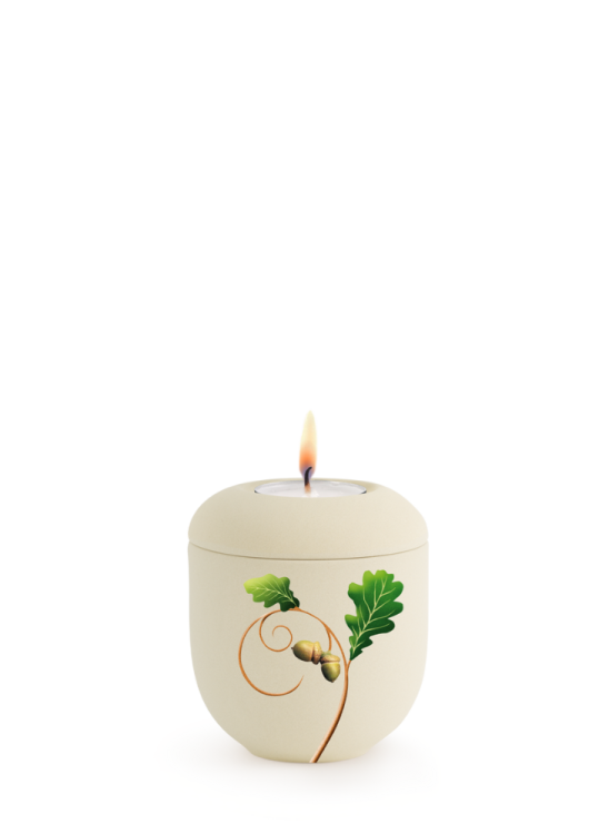 Keramická miniruna Classic, bílá, krémová, sametová, dubové listy, svíčka.