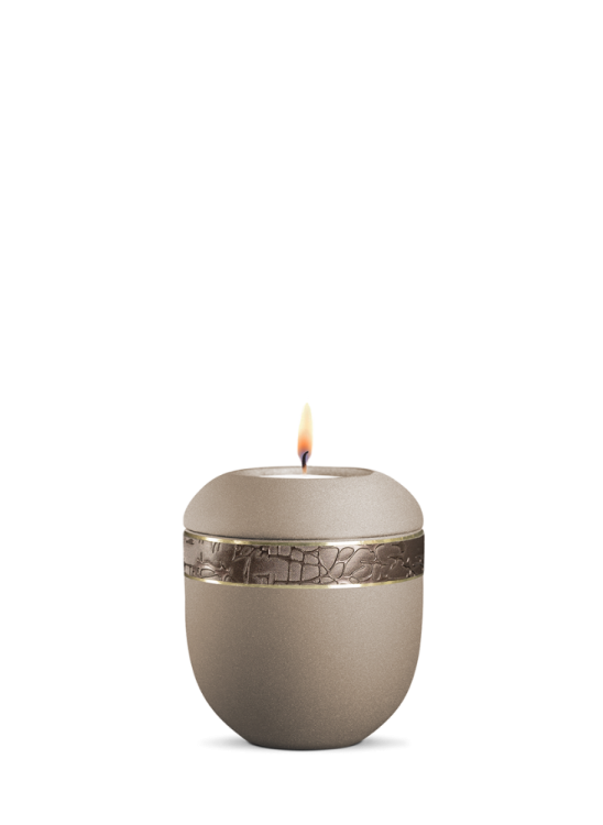 Ceramiczna mini urna Zenith, Infinity, matowy brąz, szampan, dekor brązowy teksturowany pasek