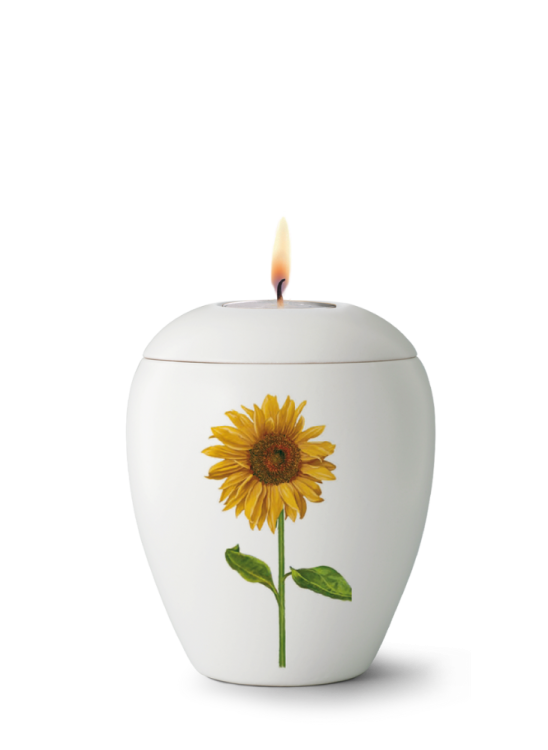 Keramická mimiurna Bianco, glazurovaná, bílá, slunečnicový motiv, víko se svíčkou