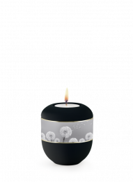 Keramická miniurna Ventura, sametově černá, pampeliška, svíčka.