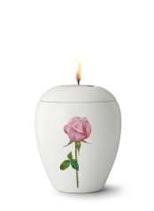 Keramická mimiurna Bianco, glazurovaná, bílá, motiv růže, víko se svíčkou