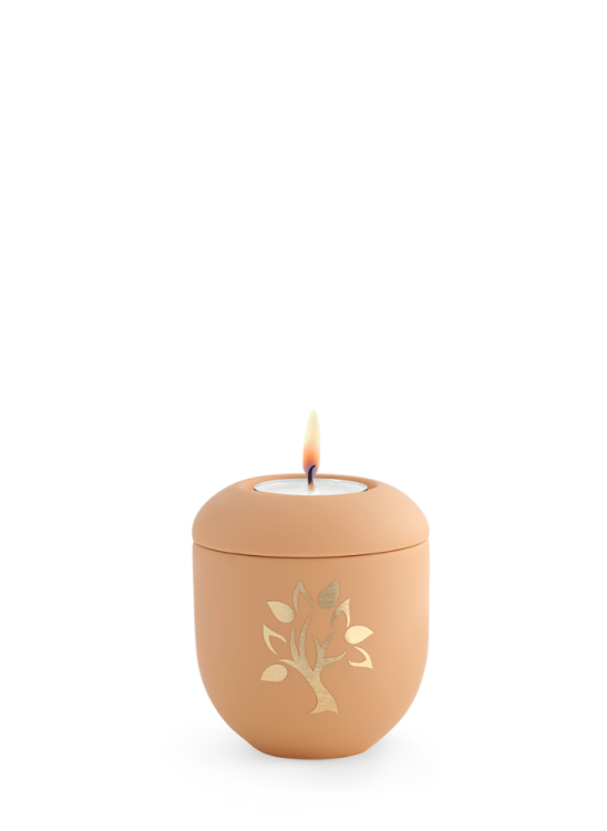 Keramická mini urna Pastell, oranžová, strom, sviečka.