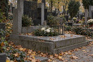 Střídmá dušičková výzdoba hrobu s věncem, bílými květy a lucernou