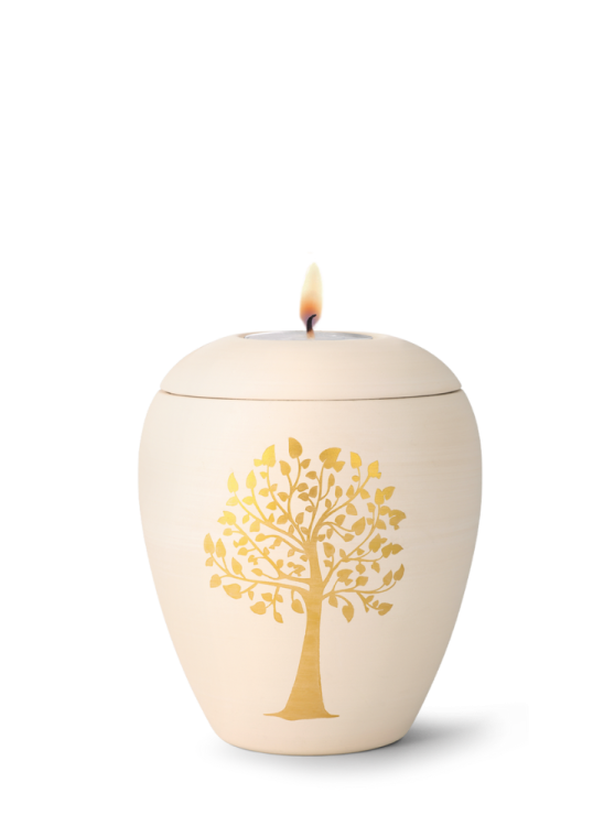 Keramik-Mini-Urne Siena, natur, gelb, Airbrush, goldenes Baummotiv, Kerze auf dem Deckel.