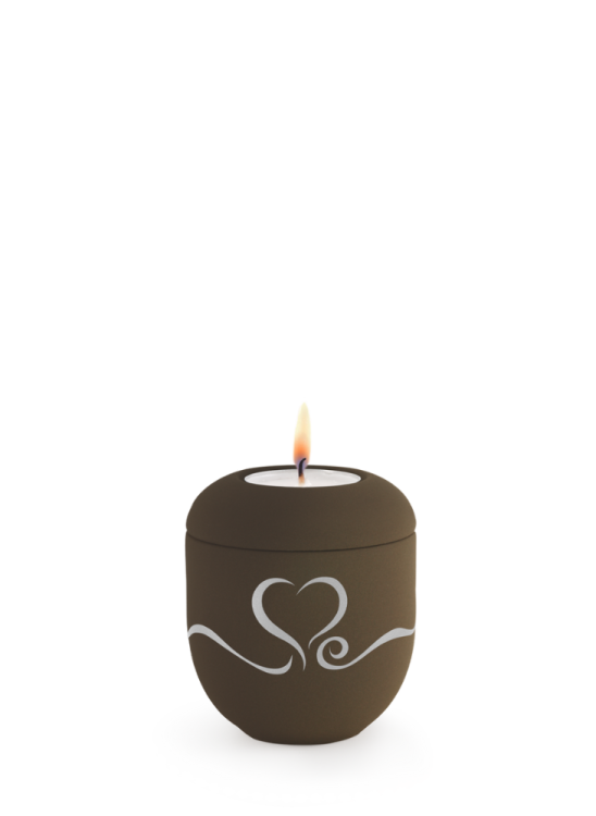 Keramická miniurna Srdce, kávová, stříbrné srdce, svíčka