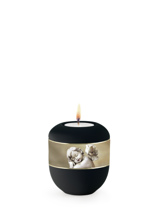 Keramická miniurna Ventura, sametově černá, anděl, svíčka.
