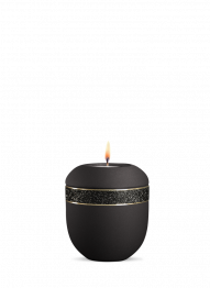 Keramická miniurna Noire, černá, antracitová, černý třpytivý pás, zlaté proužky, svíčka.