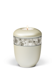 Ceramiczna mini urna Zen, biała, ozdobny pasek, kwiaty, świeca