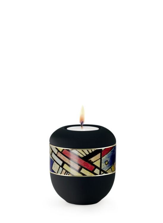 Keramik Mini Urne Arte Black, schwarz, abstrakte Motive, Geometrie, Linien, Kerze.