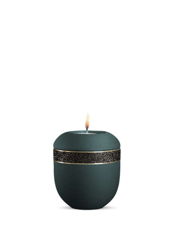 Keramická miniurna Noire, zelená, smaragdová, černý třpytivý pás, zlaté proužky, svíčka.