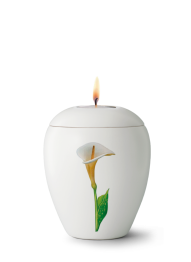 Keramická mimiurna Bianco, glazurovaná, bílá, motiv kaly, víko se svíčkou