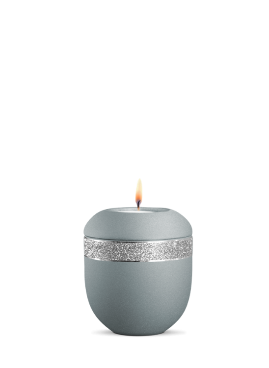 Keramická miniurna Glamour Silver, modrá, ľadovec, strieborný pás, prúžky, sviečka.