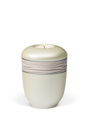 Ceramiczna mini urna Zen, biała, ozdobny pasek, fale, świeca