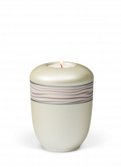 Keramická miniurna Zen, biela, ozdobný opasok, vlny, sviečka