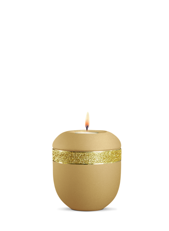 Keramická miniurna Glamour Gold, žltá, zlatá, zlatý pás, prúžky, sviečka.