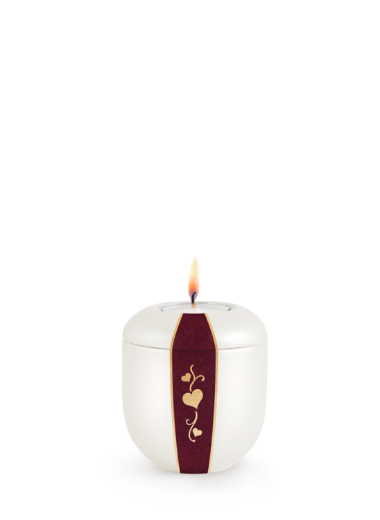 Keramická mini urna D'artiste, biela, bordový zamat, zlaté srdce, sviečka