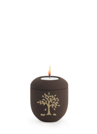 Porzellan-Mini-Urne Melina Café, Samt, braun, Kaffee, goldenes Motiv, Baum, Kerze auf dem Deckel.