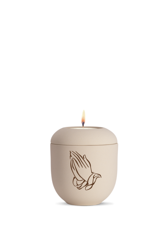 Keramická miniurna Classique, sametová, krémová, hnědá, modlitba, svíčka.