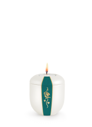 Keramická mini urna D'artiste, biela, tyrkysový zamat, zlatá ruža, sviečka