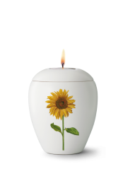 Keramická mimiurna Bianco, glazurovaná, bílá, slunečnicový motiv, víko se svíčkou