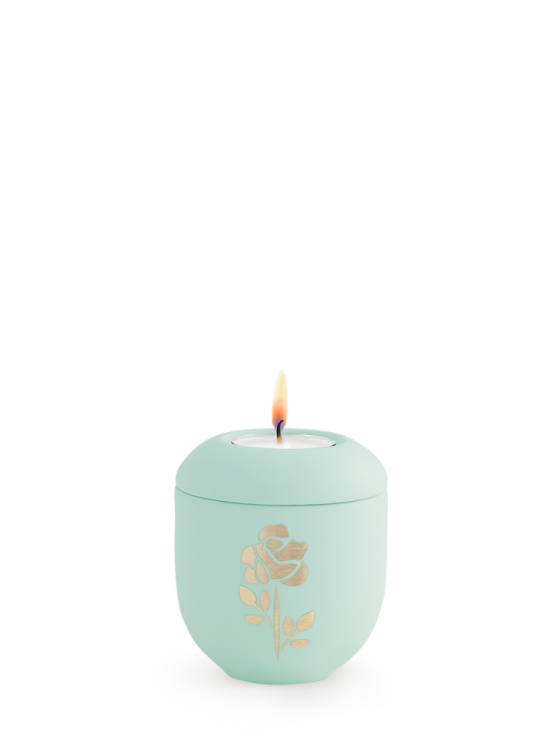 Keramická miniurna Pastell, zelená, růže, svíčka.