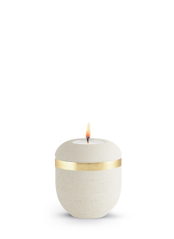 Keramická miniurna Rock Creme, bílá, kamenný povrch, zlatý pás, svíčka.