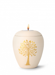 Keramická miniurna Siena, přírodní, žlutá, airbrush, zlatý motiv stromu, svíčka na víku.