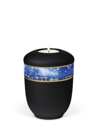 Keramik Mini Urne Van Gogh, Sternennacht, schwarz, Goldband, Kerze
