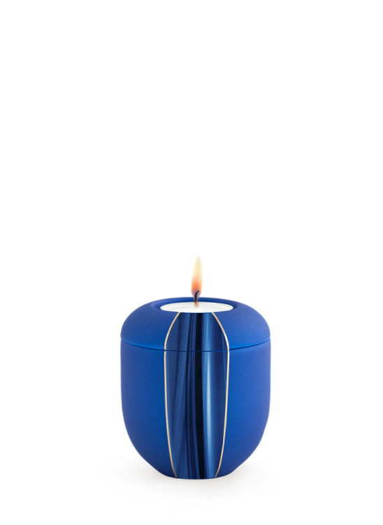 Keramická miniurna Cascade, azure, modrá, vlny, zlaté pruhy, sviečka.