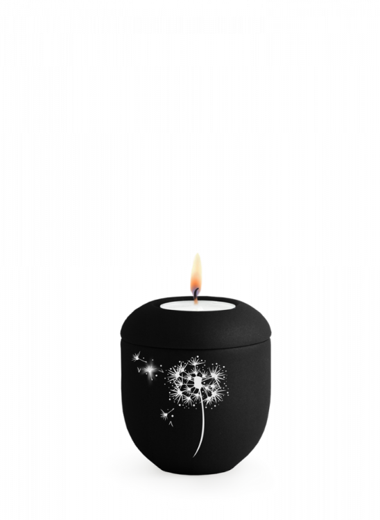 Keramická miniurna Pampeliška, černá, bílá, kamínky, svíčka