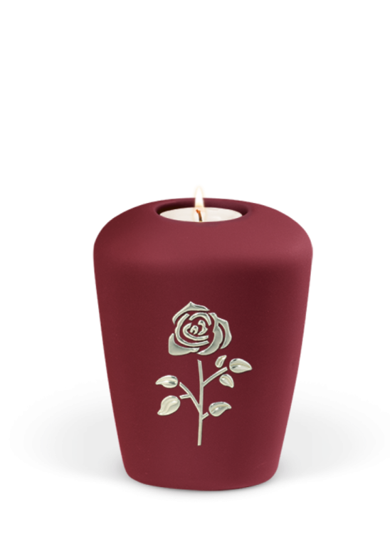 Keramická miniurna Lucy, červená, vínová, zlatá růže, svíčka.