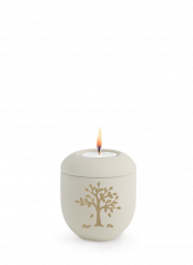 Keramická miniurna Melina Creme, sametová, krémová, zlatý strom, svíčka ma víku.