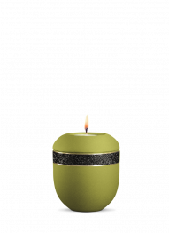 Keramická miniurna Noire, zelená, peridot, černý třpytivý pás, zlaté proužky, svíčka.