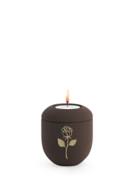 Porzellan Mini Urne Melina Café, Samt, braun, Kaffee, goldenes Motiv, Rose, Kerze auf dem Deckel.