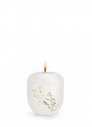 Keramická miniurna Botanique, perleťová, bílá, žlutý, květinový motiv, svíčka.