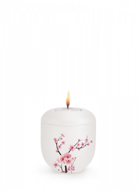 Keramická miniurna Botanique, perleťová, bílá, třešňový květ, svíčka.