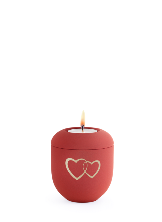 Keramická mini urna Srdce, červená, zlaté srdce, sviečka
