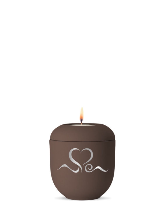 Keramická miniurna Srdce II, hnědá, stříbrná, srdce, svíčka. 