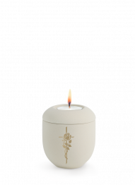 Keramická miniurna Melina Creme, sametová, krémová, zlatá růže a kříž, svíčka ma víku.