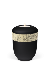 Keramik Mini Urne Natur Schwarz, schwarz, dekorative Gürtel, Gras, Kerze