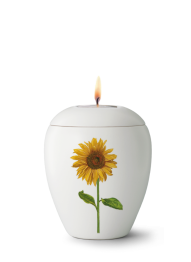 Keramická mimiurna Bianco, glazúrovaná, biela, motív slnečnice, viečko so sviečkou
