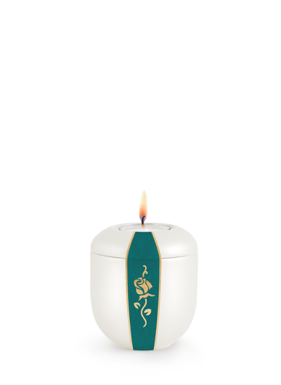 Keramická miniurna D'artiste, bílá, tyrkysový samet, zlatá růže, svíčka