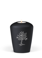 Keramik Mini Urne Pure, schwarz, anthrazit, Baum des Lebens, Swarovski, Kerze.