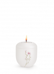 Keramická miniurna Botanique, perleťová, bílá, růžová, květinový motiv, svíčka.