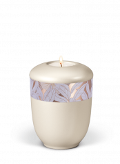 Keramická miniurna Zen, biela, ozdobný opasok, listy, sviečka