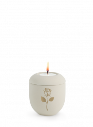 Keramická miniurna Melina Creme, sametová, krémová, zlatá růže, svíčka ma víku.