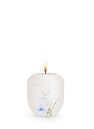 Keramická miniurna Botanique, perleťová, bílá, modrý, květinový motiv, svíčka.